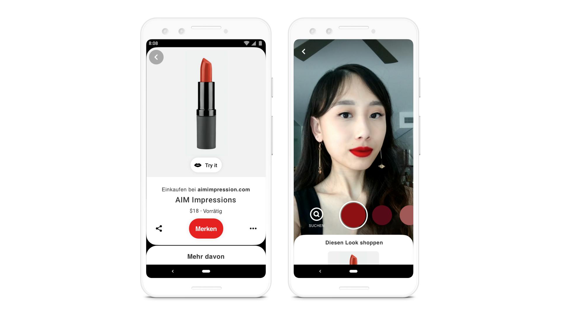 Mit Try On einen Lippenstift kaufen (links), eine Lippenstiftfarbe ausprobieren (Mitte) und nach ähnlichen Produkt-Pins suchen (rechts)