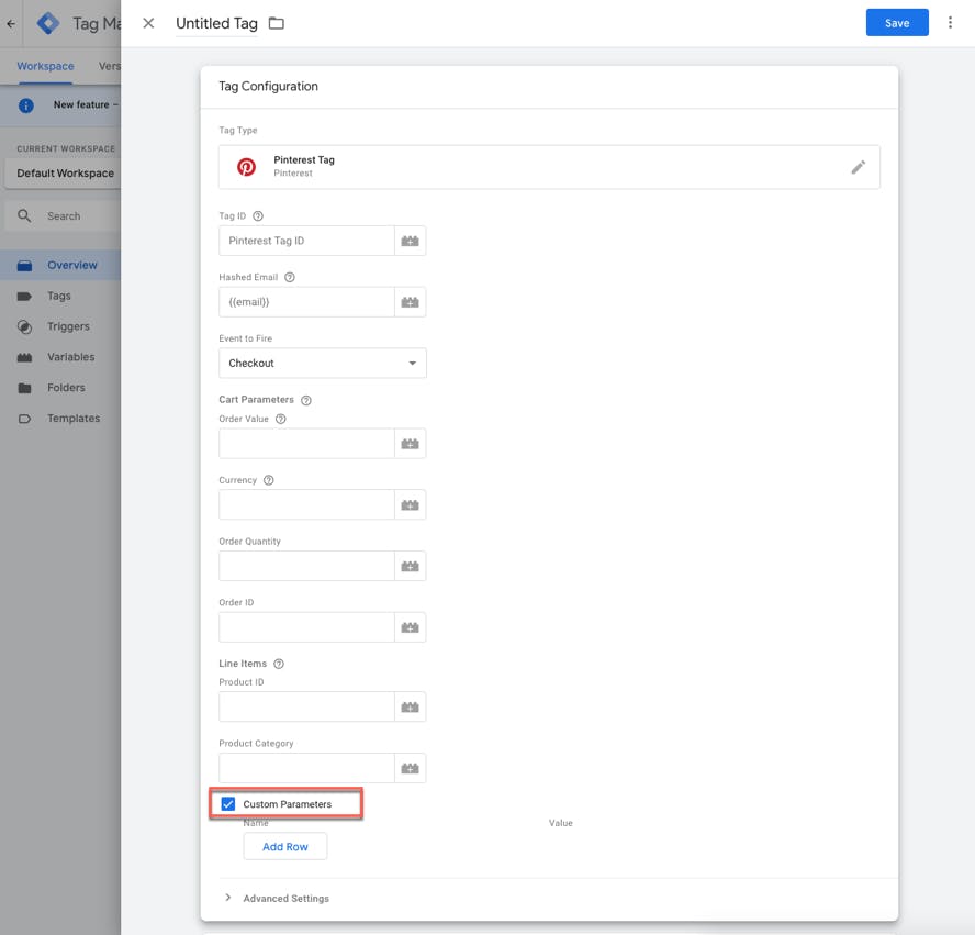 Casilla de Parámetros personalizados marcada en la Configuración de la etiqueta, en el Administrador de etiquetas de Google